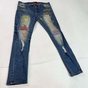 Switch Remarkable Jeans Mens 34 x 10 Slim Taper Fit Distressed Paint Graffiti